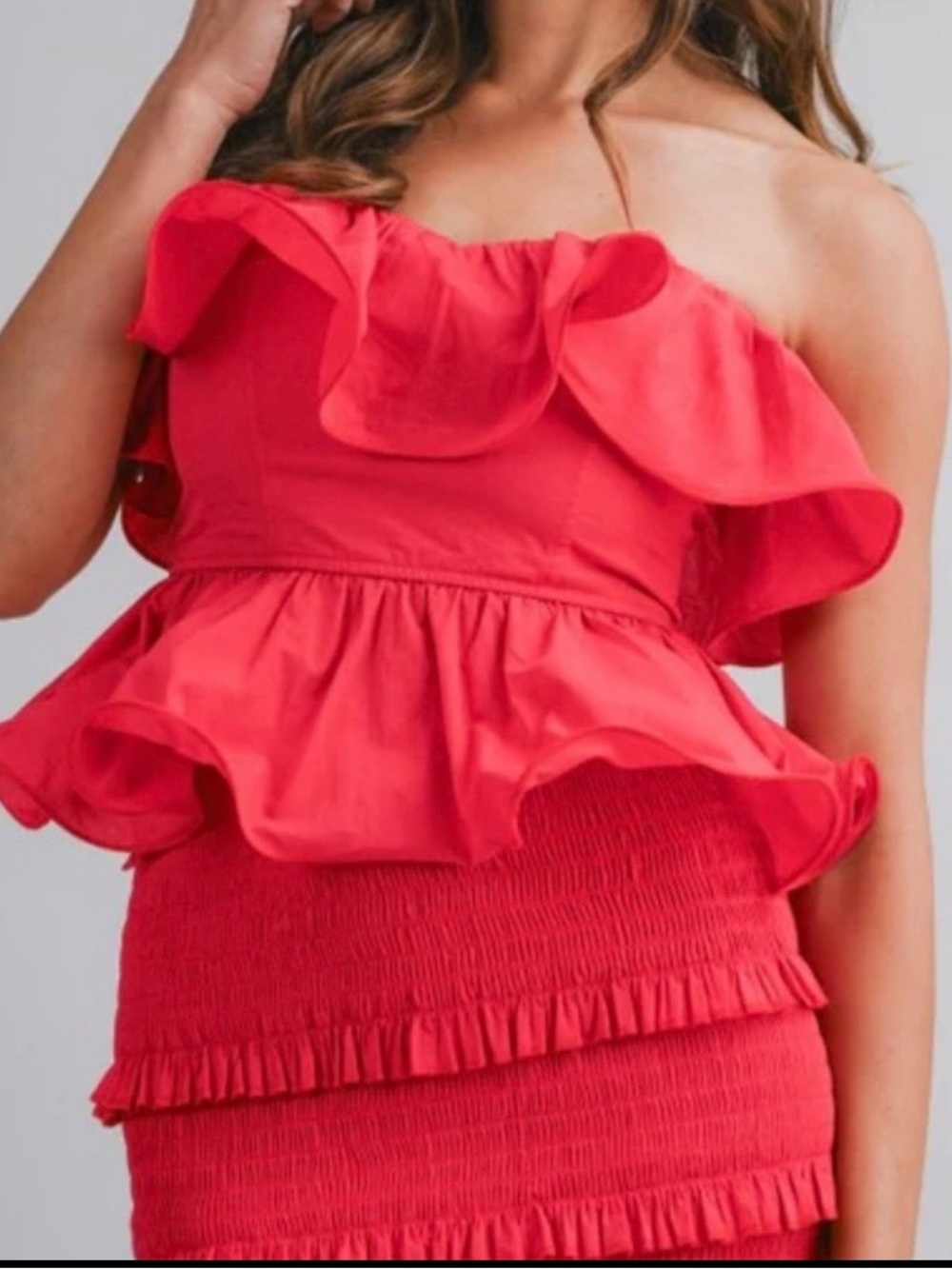 Red Strapless Ruffled Midi Dress - Picture 3 of 4